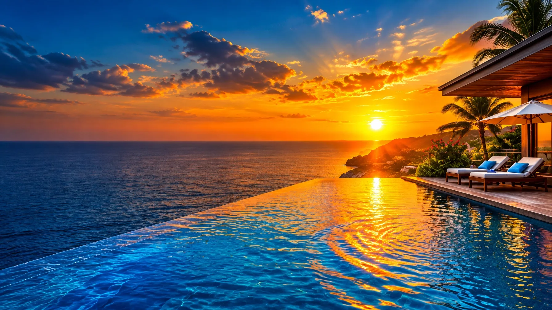 Photorealistic sunset clifftop infinity pool overlooking the ocean, with the low sun on the horizon, resort loungers and a pergola on the right, palm trees, and open sea and sky on the left